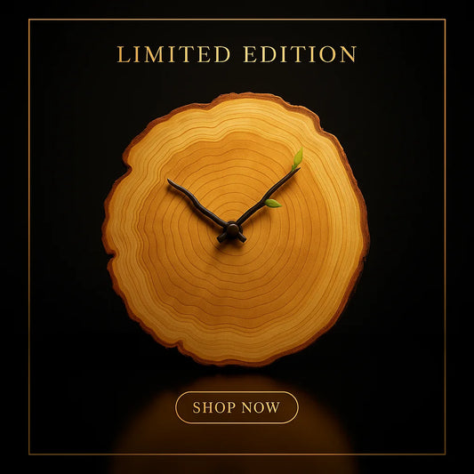 Limited Edition Wood Slice Clock with natural growth rings and dark metal hands